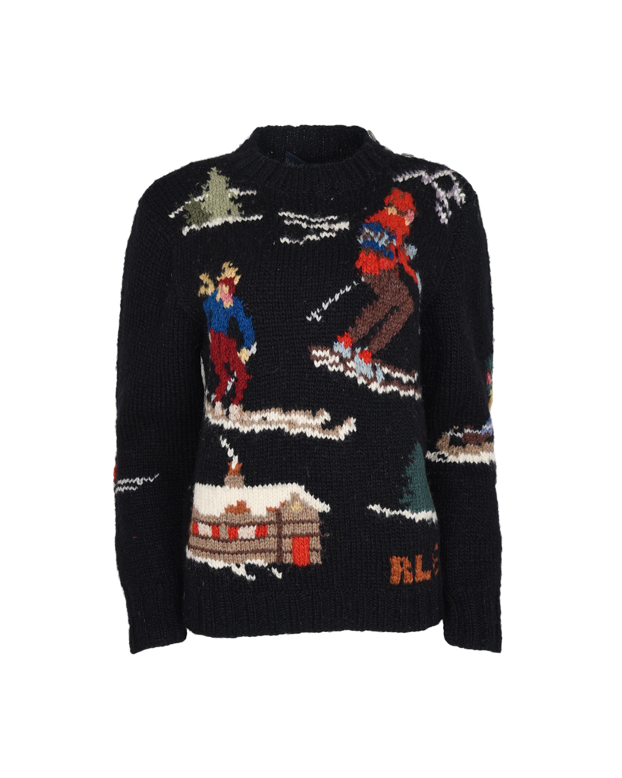 Ralph Lauren Black Wool Sweater with Ski Detail. Shoulder: 18", Bust: 17", Waist: 16"