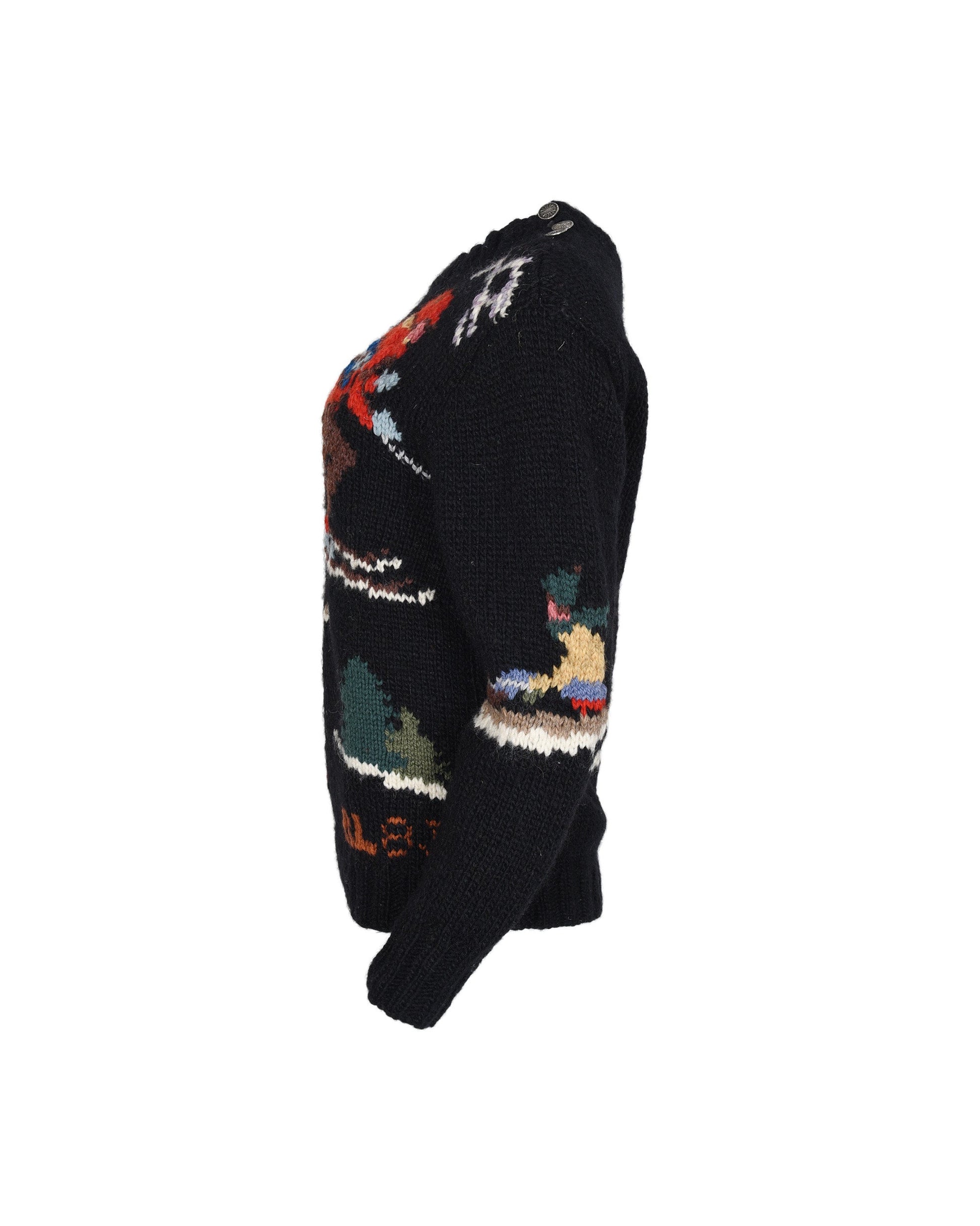 Ralph Lauren Black Wool Sweater with Ski Detail. Shoulder: 18", Bust: 17", Waist: 16"