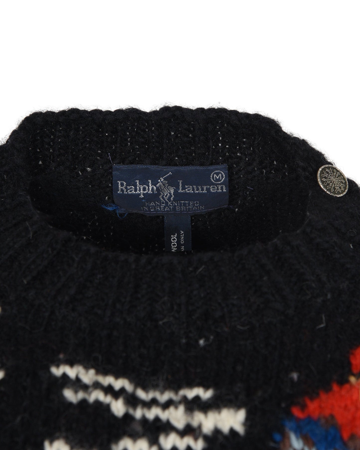 Ralph Lauren Black Wool Sweater with Ski Detail. Shoulder: 18", Bust: 17", Waist: 16"