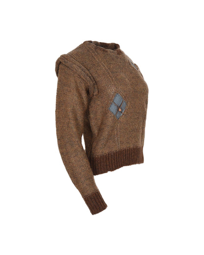 1980s Brown Pullover Sweater with Blue Diamond Appliqué. Shoulder: 18", Bust: 17.5", Waist: 16"