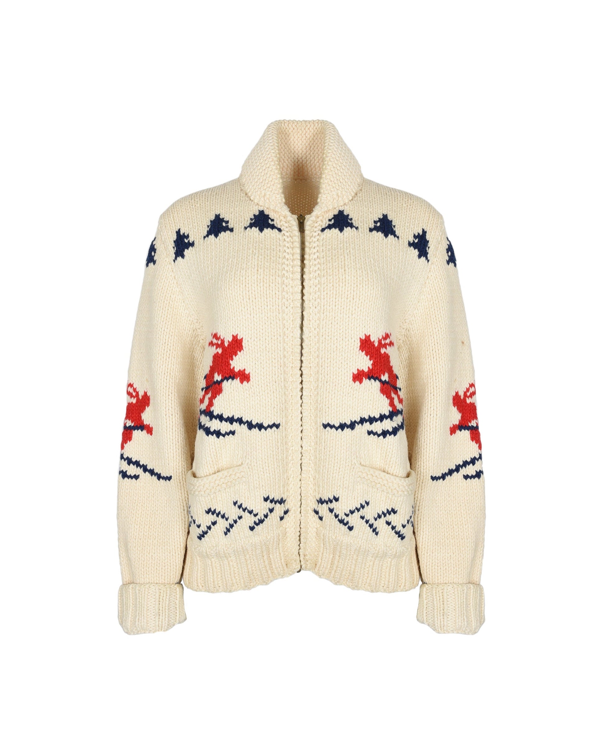 Cream Colored Zip-Up Cardigan, 1960s Cream Colored Zip-Up Cardigan with Red and Blue Ski Themed Cowichan Style Wool Sweater. Shoulder: 17, Bust: 20, Hip: 18