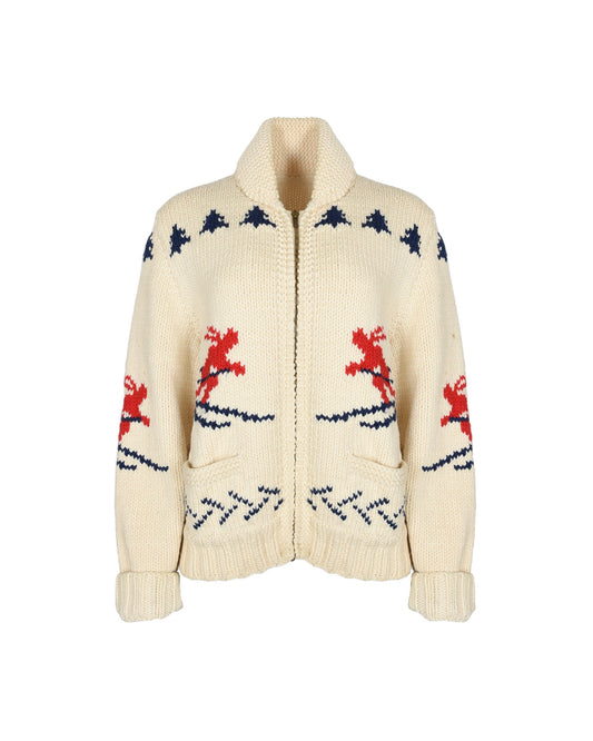 Cream Colored Zip-Up Cardigan, 1960s Cream Colored Zip-Up Cardigan with Red and Blue Ski Themed Cowichan Style Wool Sweater. Shoulder: 17, Bust: 20, Hip: 18