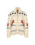 Cream Colored Zip-Up Cardigan, 1960s Cream Colored Zip-Up Cardigan with Red and Blue Ski Themed Cowichan Style Wool Sweater. Shoulder: 17, Bust: 20, Hip: 18