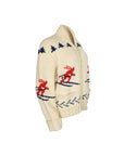 Cream Colored Zip-Up Cardigan, 1960s Cream Colored Zip-Up Cardigan with Red and Blue Ski Themed Cowichan Style Wool Sweater. Shoulder: 17, Bust: 20, Hip: 18