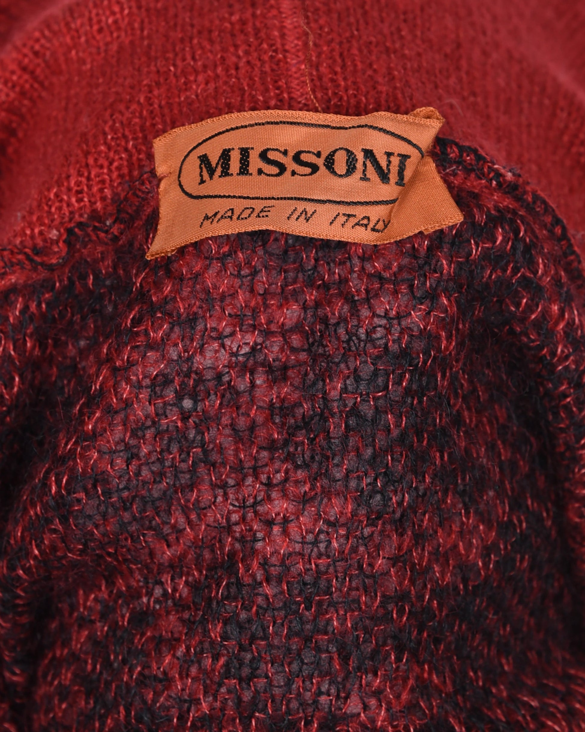 1980s – Missoni Black and Red Sweater with Poet Sleeves and Cinch Bottom. Shoulder: 17", Bust: 20", Waist: 15.5"