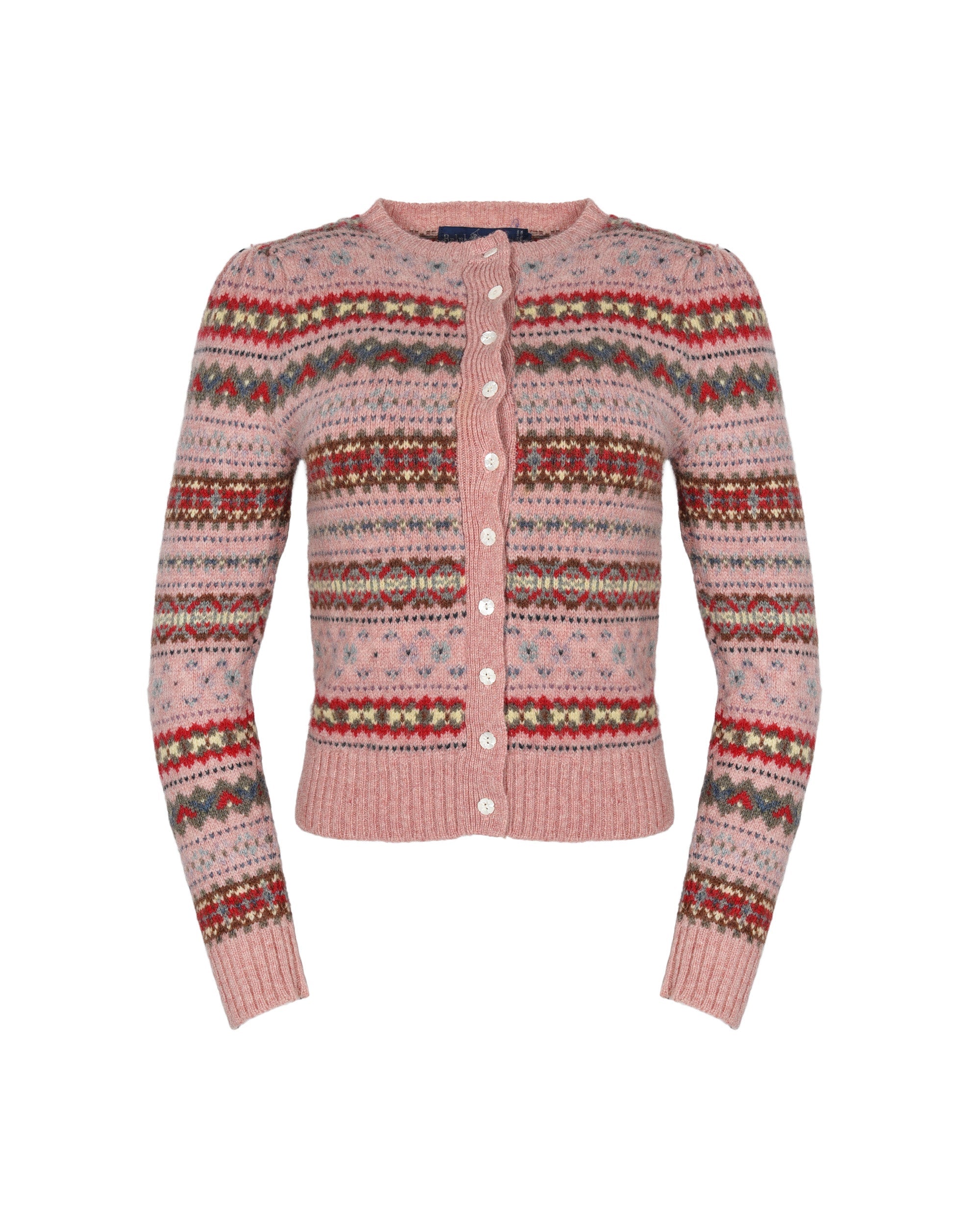 Ralph Lauren Pink Button Down Wool Sweater with Red, White, and Grey Horizontal Print. Shoulder: 15&quot;, Bust: 16&quot;, Waist: 15&quot;