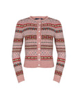 Ralph Lauren Pink Button Down Wool Sweater with Red, White, and Grey Horizontal Print. Shoulder: 15", Bust: 16", Waist: 15"