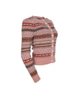 Ralph Lauren Pink Button Down Wool Sweater with Red, White, and Grey Horizontal Print. Shoulder: 15", Bust: 16", Waist: 15"