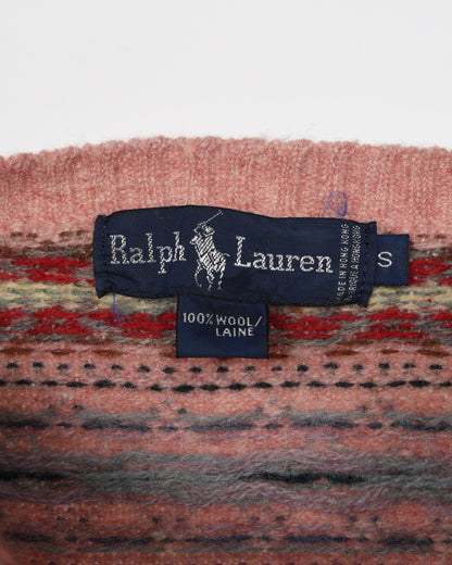 Ralph Lauren Pink Button Down Wool Sweater with Red, White, and Grey Horizontal Print. Shoulder: 15", Bust: 16", Waist: 15"
