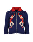 Eileen Dennis Purple Knit Zip Up Sweater with Ice Skater Detail. Shoulder: 14", Bust: 16", Hip: 17.5"