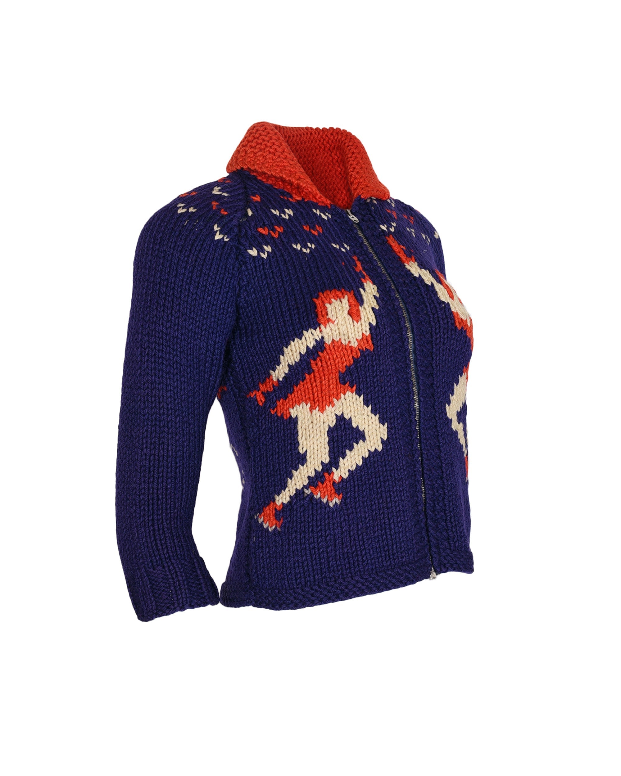 Eileen Dennis Purple Knit Zip Up Sweater with Ice Skater Detail. Shoulder: 14", Bust: 16", Hip: 17.5"