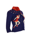 Eileen Dennis Purple Knit Zip Up Sweater with Ice Skater Detail. Shoulder: 14", Bust: 16", Hip: 17.5"