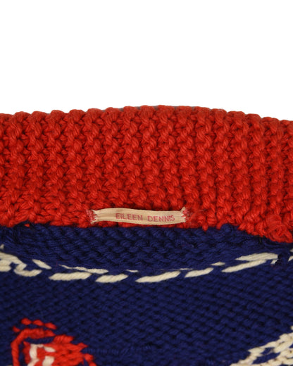 Eileen Dennis Purple Knit Zip Up Sweater with Ice Skater Detail. Shoulder: 14", Bust: 16", Hip: 17.5"