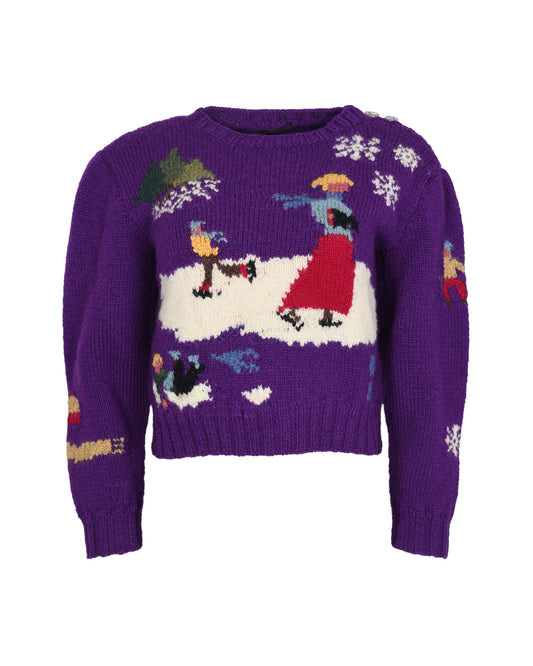 Ralph Lauren Hand Knit Wool Purple Sweater with Ice Skater Detail. Shoulder: 16", Bust: 18.5", Hip: 16"