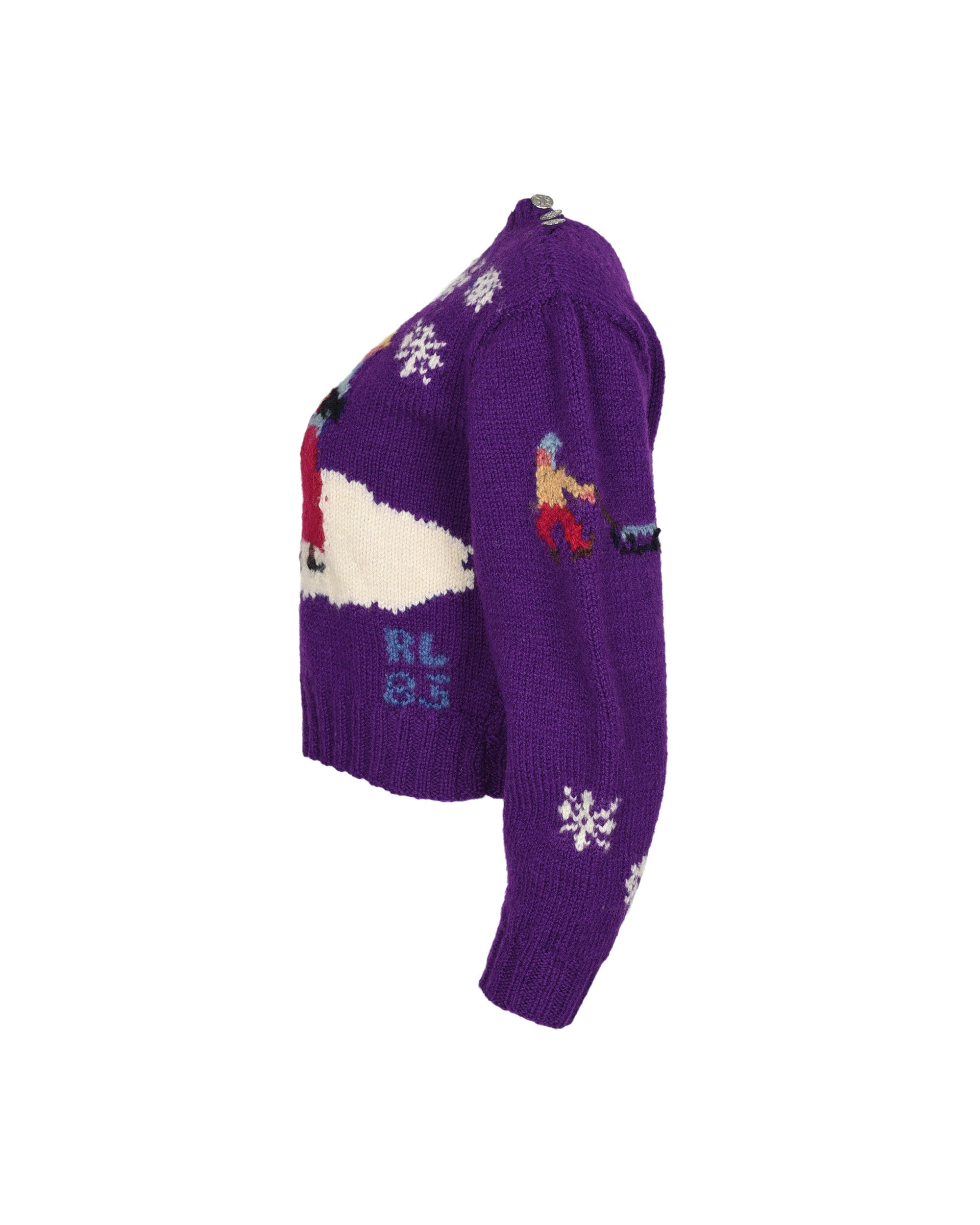 Ralph Lauren Hand Knit Wool Purple Sweater with Ice Skater Detail. Shoulder: 16", Bust: 18.5", Hip: 16"