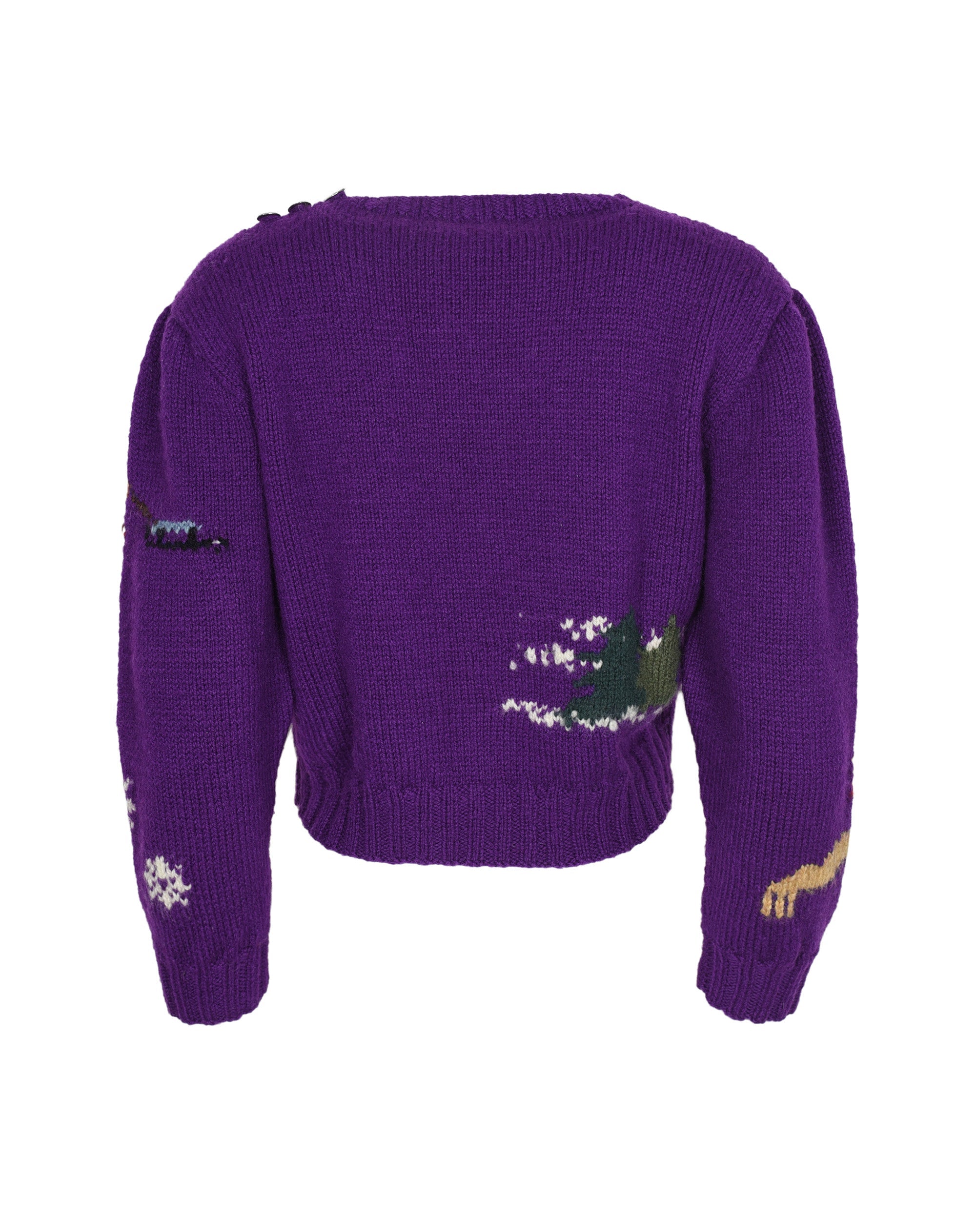 Ralph Lauren Hand Knit Wool Purple Sweater with Ice Skater Detail. Shoulder: 16", Bust: 18.5", Hip: 16"