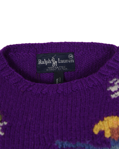 Ralph Lauren Hand Knit Wool Purple Sweater with Ice Skater Detail. Shoulder: 16", Bust: 18.5", Hip: 16"