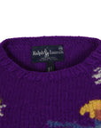 Ralph Lauren Hand Knit Wool Purple Sweater with Ice Skater Detail. Shoulder: 16", Bust: 18.5", Hip: 16"