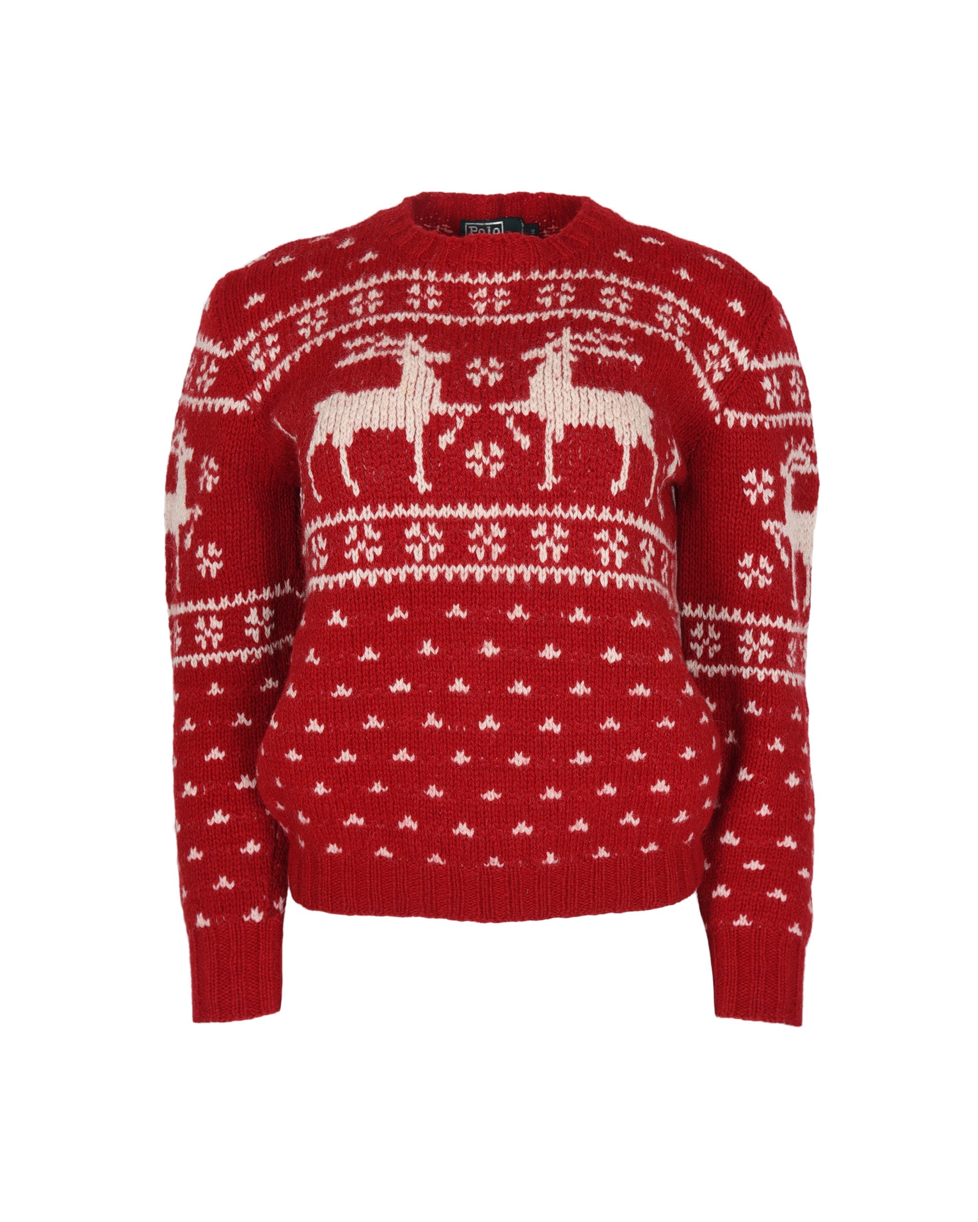 Ralph Lauren Red Knit Sweater with Reindeer Detail. Shoulder: 18", Bust: 18.5", Hip: 14.5"