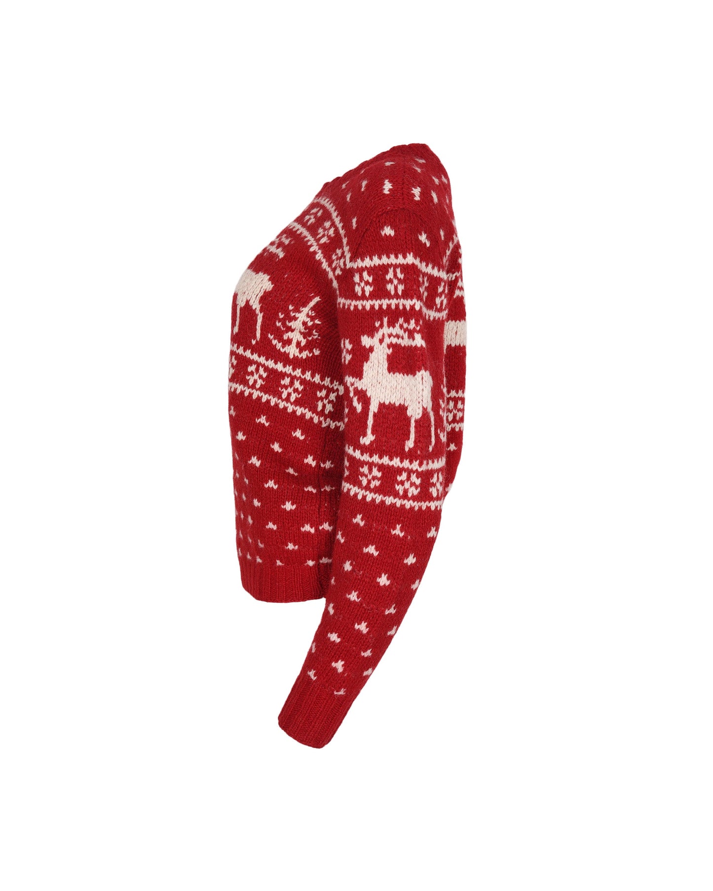 Ralph Lauren Red Knit Sweater with Reindeer Detail. Shoulder: 18", Bust: 18.5", Hip: 14.5"